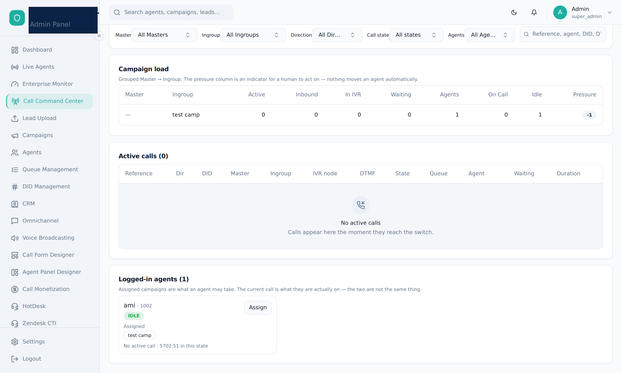 Command Center filters, campaign load, active calls and logged-in agents
