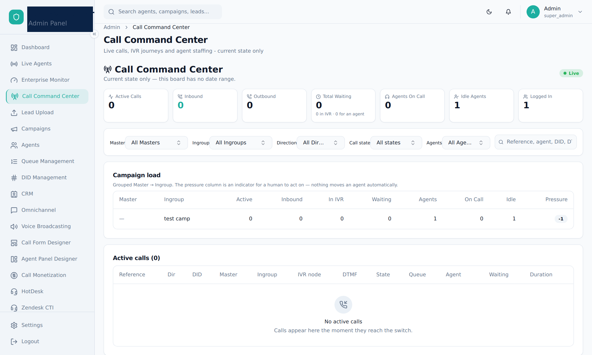 Call Command Center with live counters, campaign load and active calls