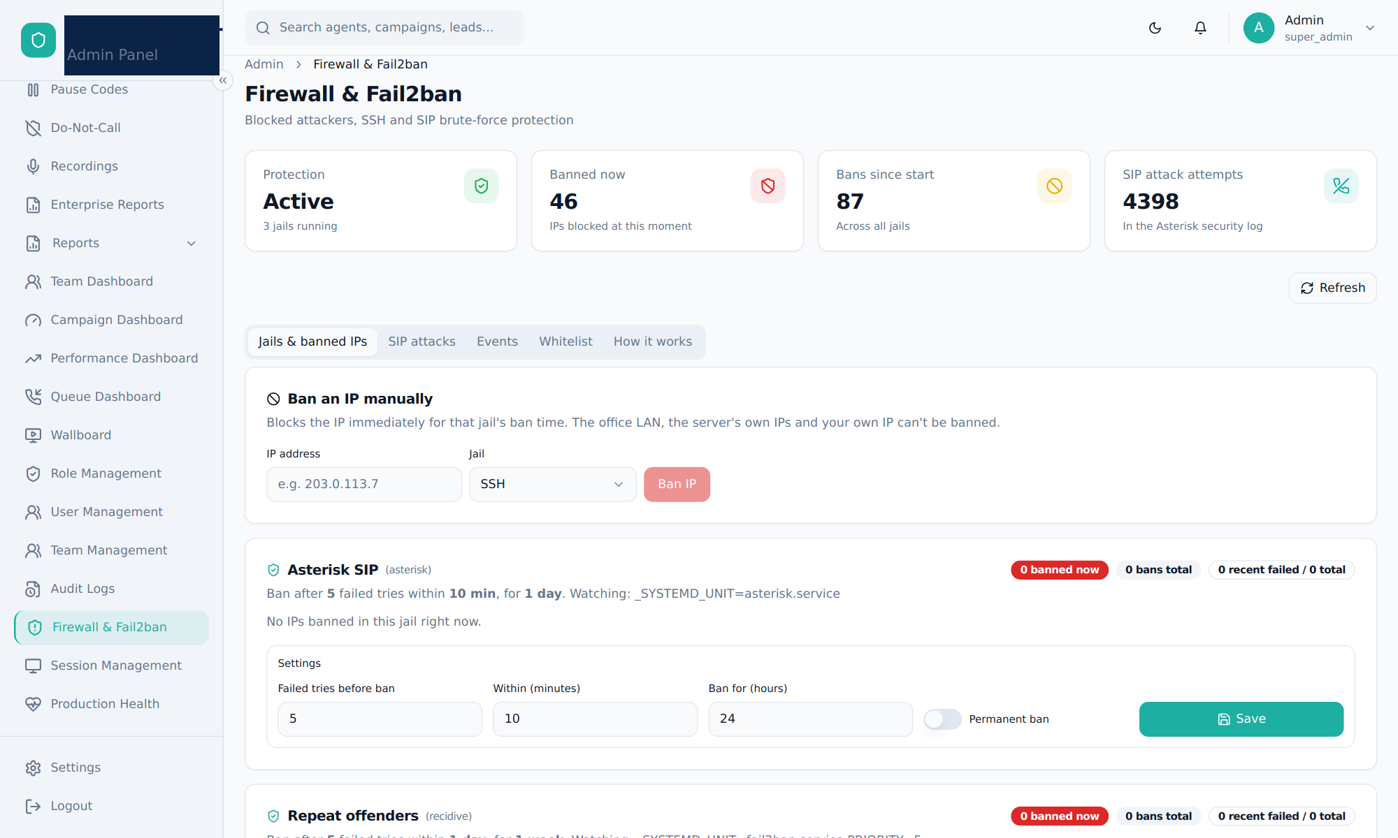 Firewall and Fail2ban page with protection status and banned IPs