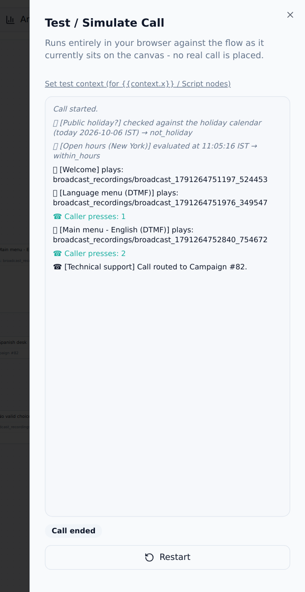 Simulated call: caller presses 1 then 2 and reaches technical support